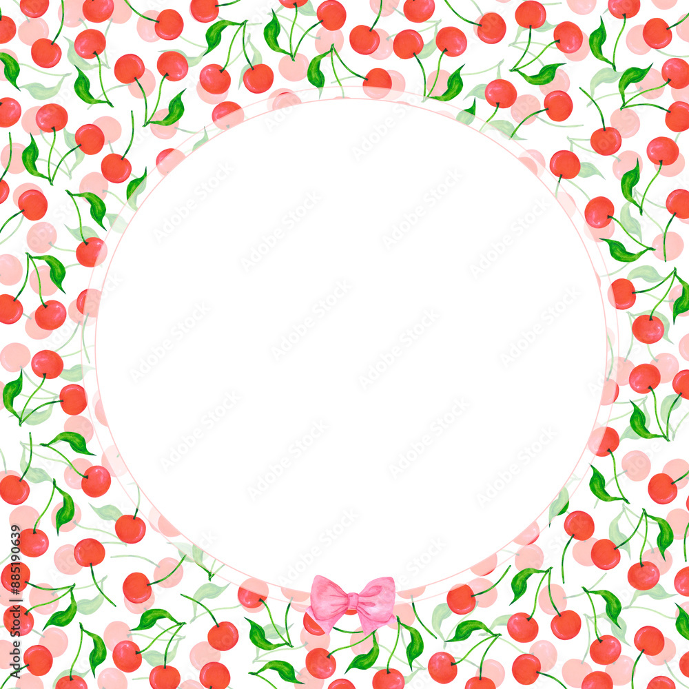 Hand drawn watercolor ripe cherries with green leaves wreath frame border isolated on white background. Can be used for postcard, invitation, scrapbook and other printed products. Hand drawn watercolor ripe cherries with green leaves wreath frame border isolated on white background. Can be used for postcard, invitation, scrapbook and other printed products.