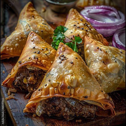 Indian Samosa Closeup, Samsa Stuffed with Beef and Onion, Traditional Uzbek Veal Meat Pies photo