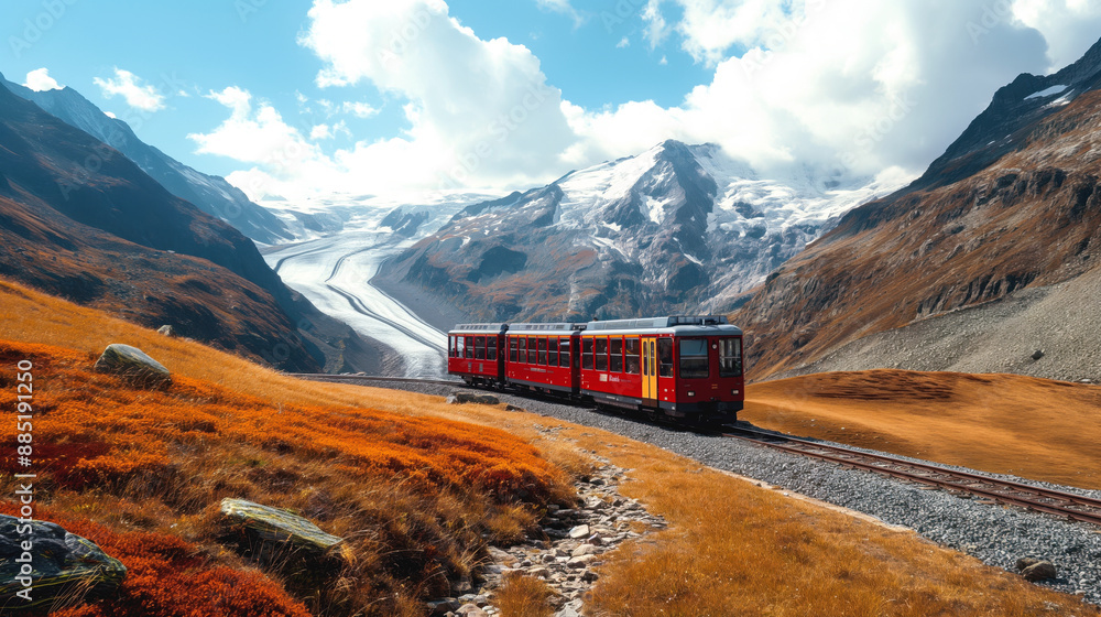 A red train travels along a mountainous railway with stunning views of a glacier and snow-capped peaks under a blue sky with scattered clouds. A red train travels along a mountainous railway with stunning views of a glacier and snow-capped peaks under a blue sky with scattered clouds.