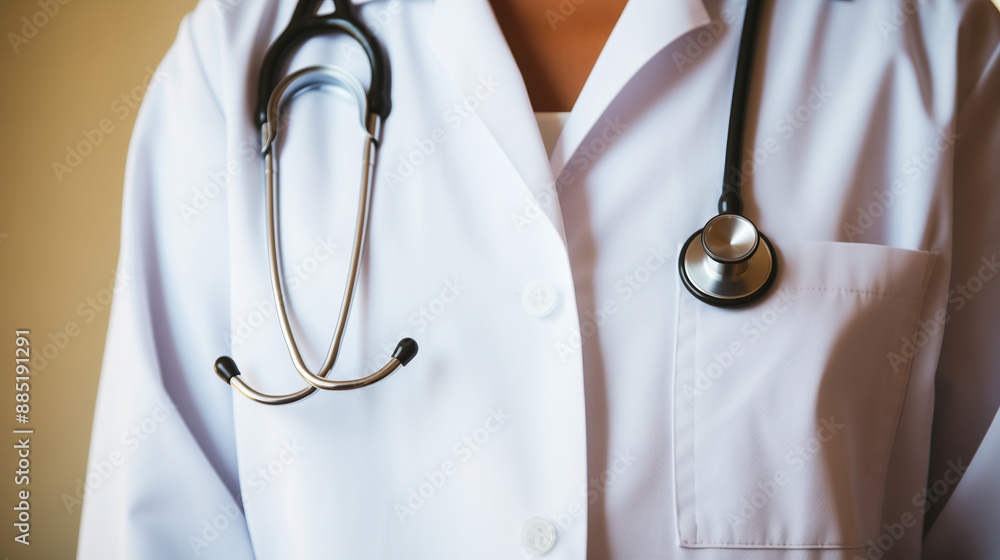 The crisp white lab coat of a doctor is adorned with a stethoscope, its black tubing and silver earpieces a symbol of care and medical expertise The crisp white lab coat of a doctor is adorned with a stethoscope, its black tubing and silver earpieces a symbol of care and medical expertise