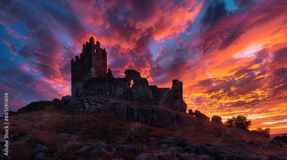 Fototapeta premium Sunset over an ancient stone castle on a hill