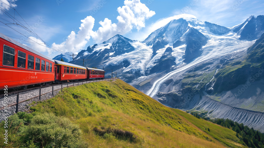 A red train traveling on railway tracks through a mountainous terrain with scenic views of snow-capped peaks and glacial formations under a clear blue sky. A red train traveling on railway tracks through a mountainous terrain with scenic views of snow-capped peaks and glacial formations under a clear blue sky.