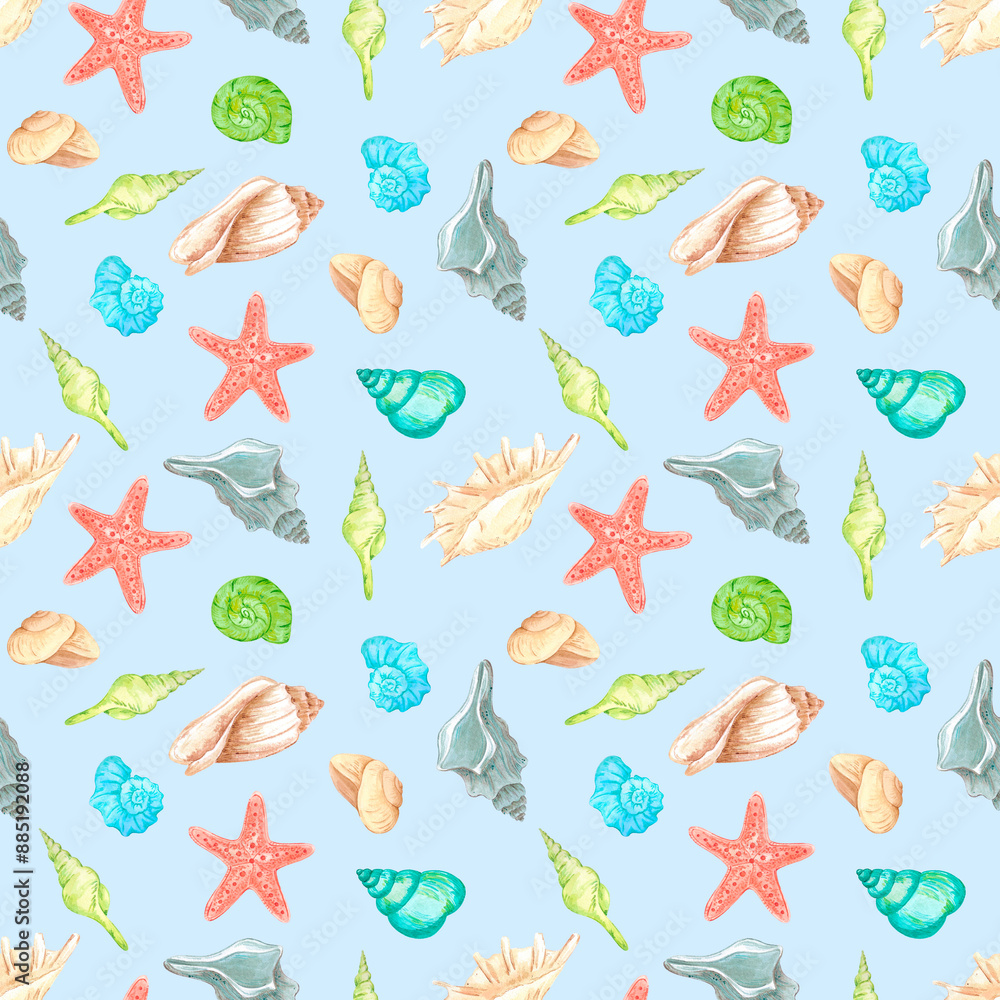 Hand drawn watercolor seashells seamless pattern isolated on blue background. Marine illustration can be used for textile, fabric, wrapping and other printed products. Hand drawn watercolor seashells seamless pattern isolated on blue background. Marine illustration can be used for textile, fabric, wrapping and other printed products.
