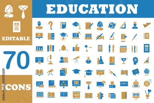 Education flat editable icons set. Education related icons : E-Learning, school, online education, university, success, academic icons and more signs