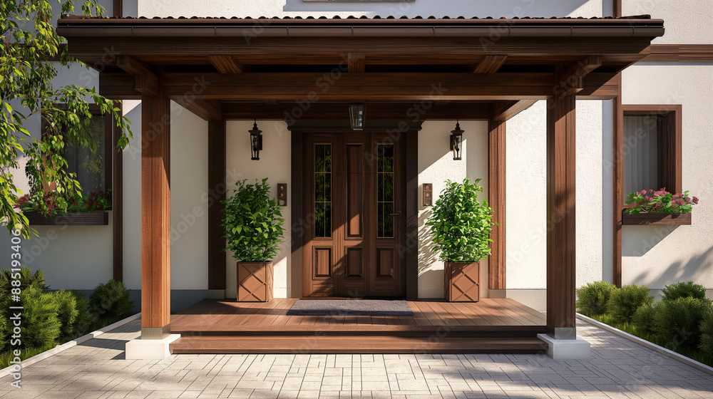 Naklejka premium Front porch of modern house with wooden details and potted plants. Generative AI 