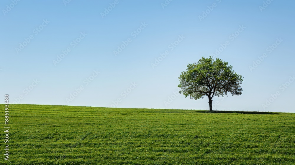 Capture the essence of simplicity and natural beauty with a solitary tree in a meadow of lush green grass, under a clear blue sky. Capture the essence of simplicity and natural beauty with a solitary tree in a meadow of lush green grass, under a clear blue sky.