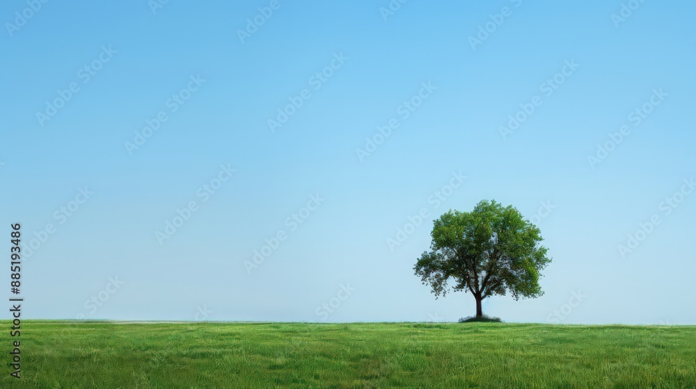 Capture the essence of simplicity and natural beauty with a solitary tree in a meadow of lush green grass, under a clear blue sky. Capture the essence of simplicity and natural beauty with a solitary tree in a meadow of lush green grass, under a clear blue sky.