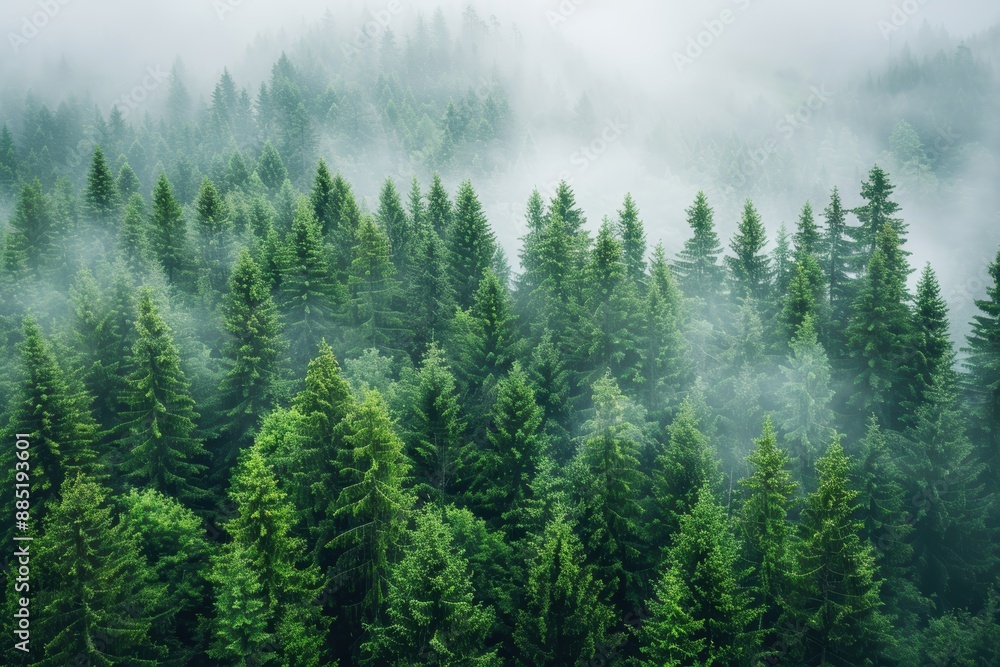 A breathtaking aerial view showcasing a misty evergreen forest with dense treetops immersed in fog, capturing the serene and tranquil essence of nature A breathtaking aerial view showcasing a misty evergreen forest with dense treetops immersed in fog, capturing the serene and tranquil essence of nature
