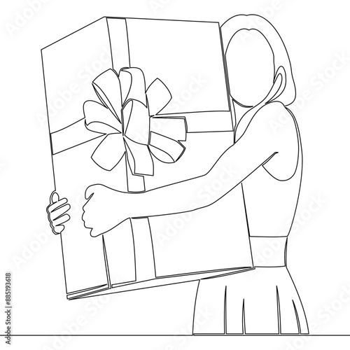 Continuous one single line drawing woman holding gift box with gift ribbon bow icon vector illustration concept