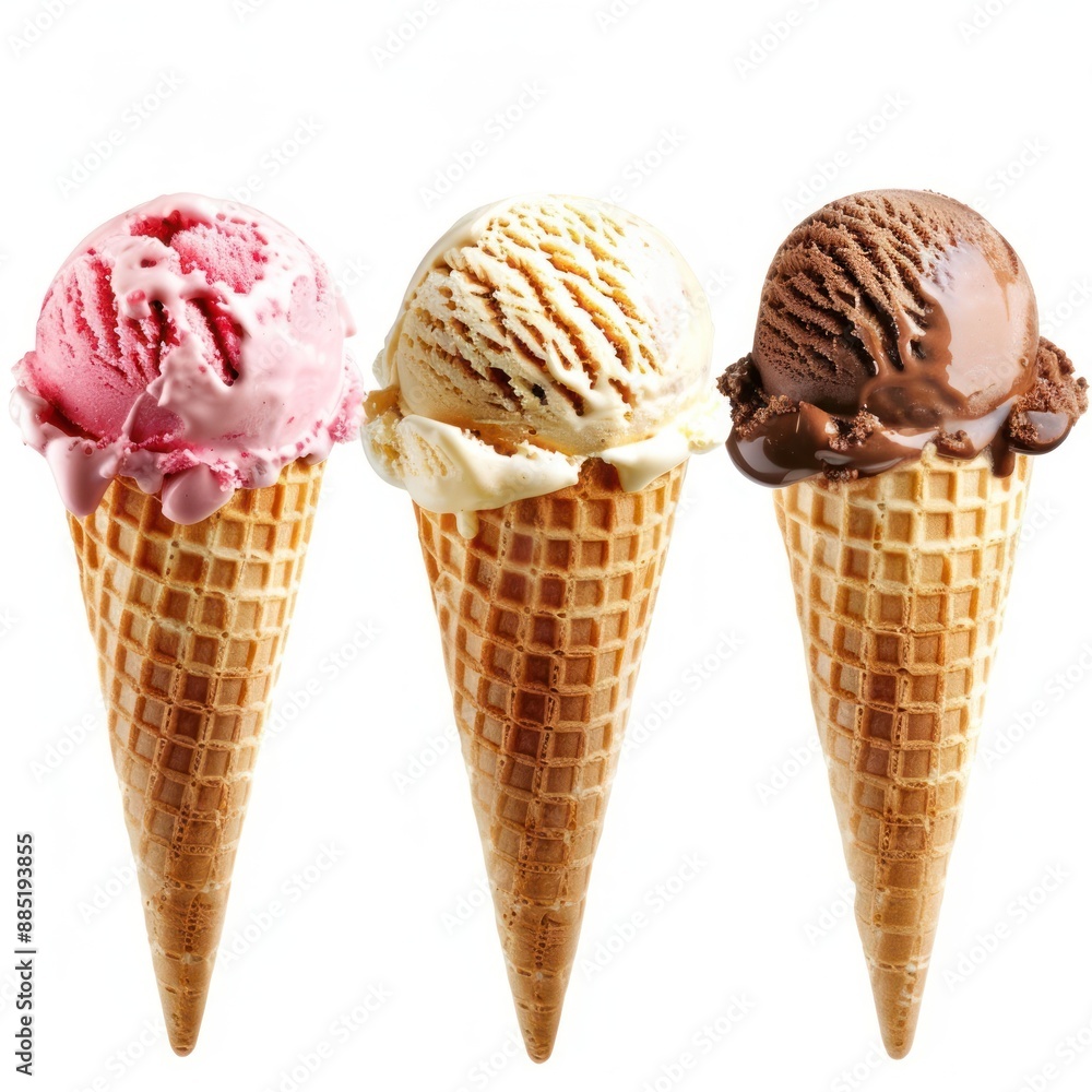 3 different scoops of ice cream cone dessert food white background. 3 different scoops of ice cream cone dessert food white background.
