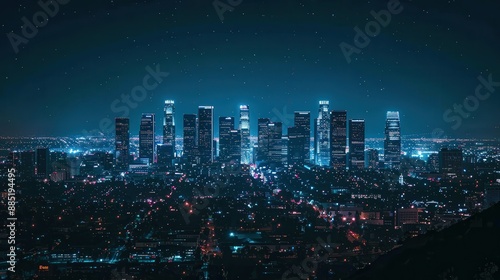 Capture the Los Angeles skyline under a clear night sky, with the city lights twinkling like stars.