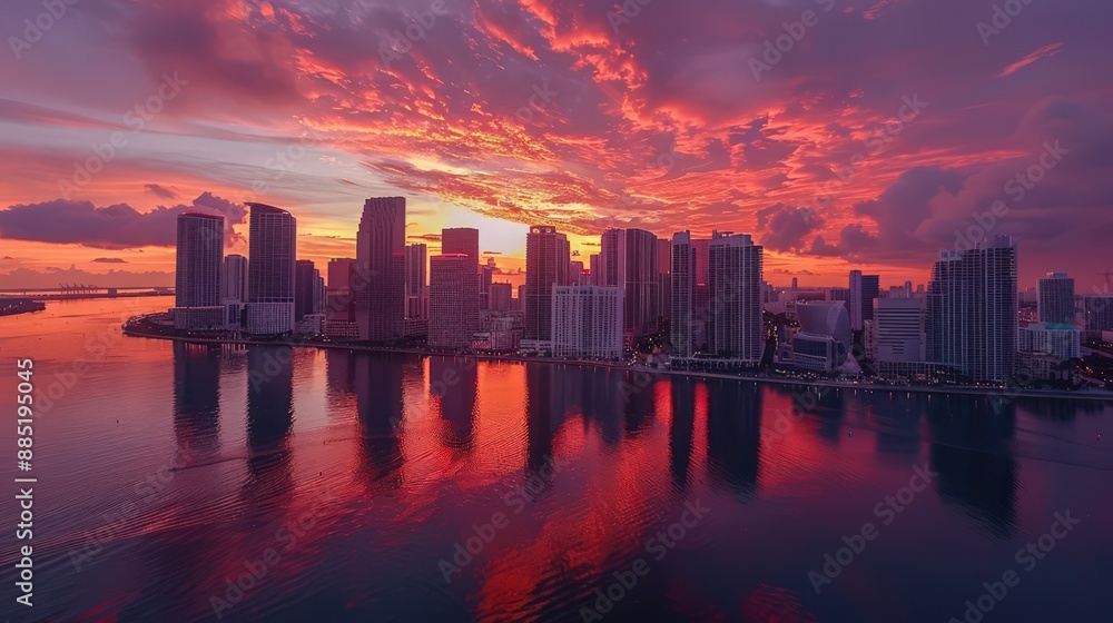 Capture the Miami skyline during a vibrant sunrise, with the sky reflecting off the glass buildings. Capture the Miami skyline during a vibrant sunrise, with the sky reflecting off the glass buildings.
