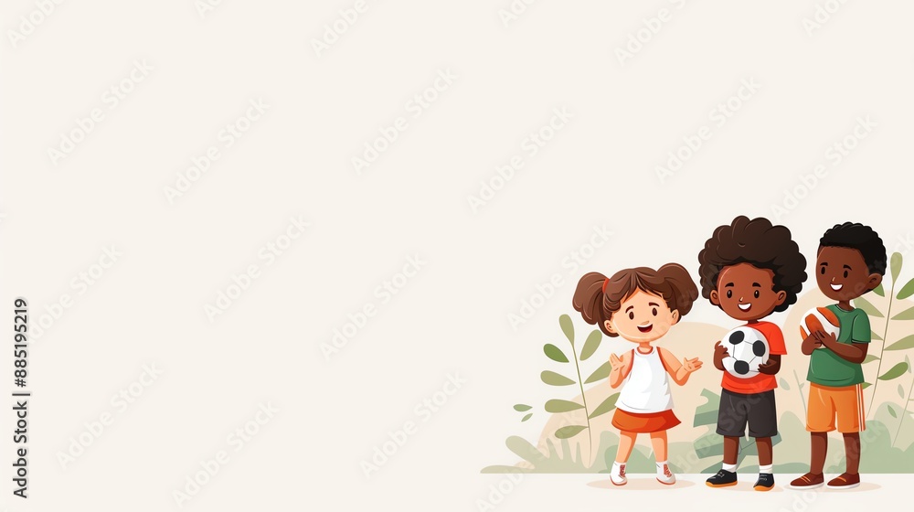 Vector illustration of three happy children playing with a soccer ball against a light background with plants. Friendship and outdoor fun concept. Vector illustration of three happy children playing with a soccer ball against a light background with plants. Friendship and outdoor fun concept.