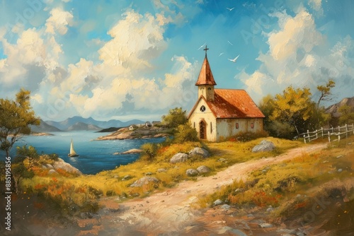 Fototapeta Naklejka Na Ścianę i Meble -  Small church on a hill shore landscape painting architecture.