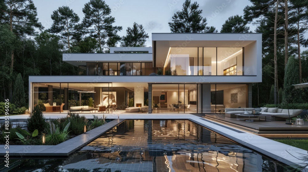 Modern villa with pool and garden, architectural. Generate AI image Modern villa with pool and garden, architectural. Generate AI image