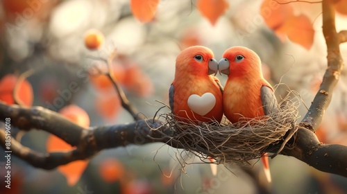 A pair of orange lovebirds cuddling in a nest, with a white heart shape on one of the birds.