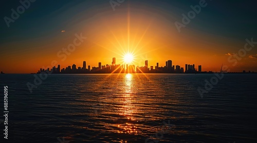 The sun setting behind a distant city skyline