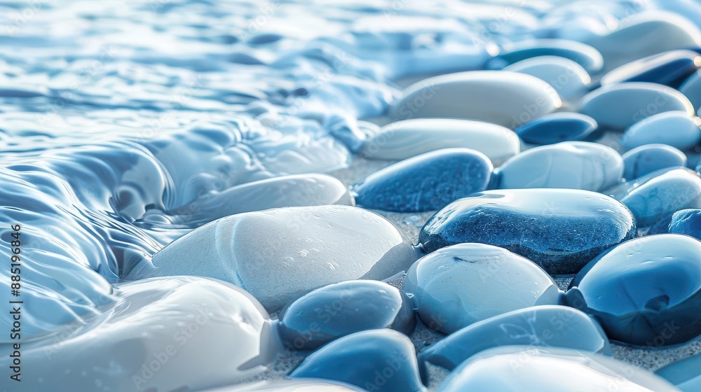 serene closeup of smooth blue and white pebbles on a tranquil beach gentle waves lap at the shore creating a mesmerizing pattern of wet and dry stones in soft muted tones serene closeup of smooth blue and white pebbles on a tranquil beach gentle waves lap at the shore creating a mesmerizing pattern of wet and dry stones in soft muted tones