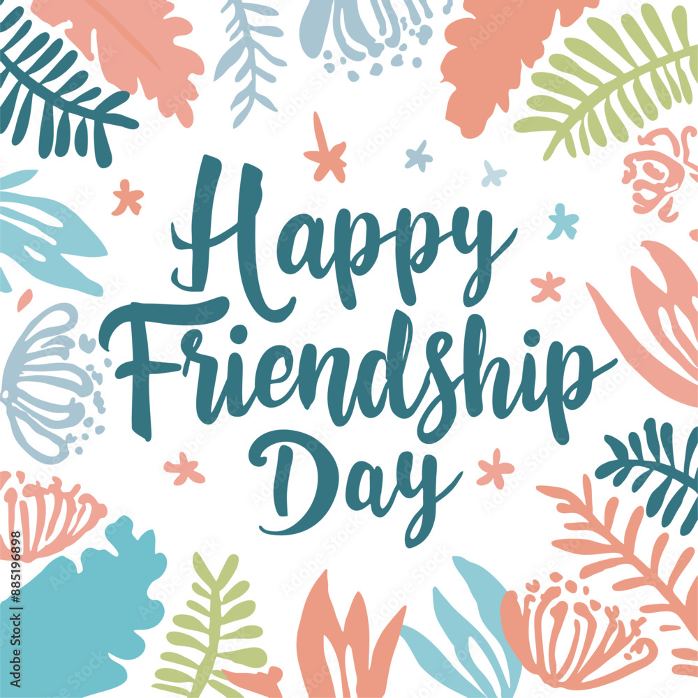 Obraz premium Happy friendship card. White background with colorful flowers frame.