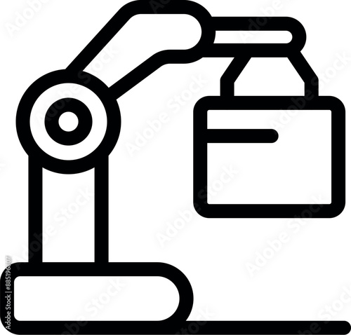 Line art icon of robotic arm lifting and moving box, representing automation in warehouse and logistics