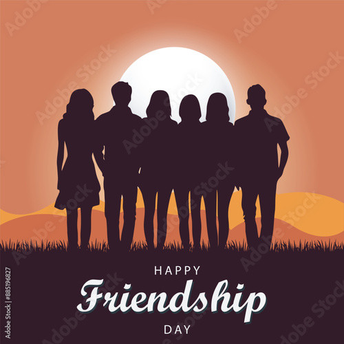 Happy international friendship day greeting card, back view of friends group. abstract vector illustration design