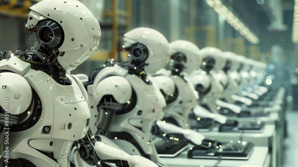 Document a factory where robots are performing repetitive tasks with high efficiency, reducing human labor and increasing productivity. Document a factory where robots are performing repetitive tasks with high efficiency, reducing human labor and increasing productivity.