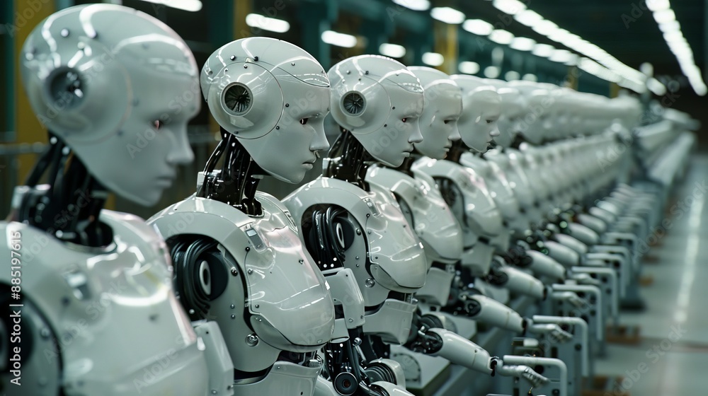 Fototapeta premium Document a factory where robots are performing repetitive tasks with high efficiency, reducing human labor and increasing productivity.