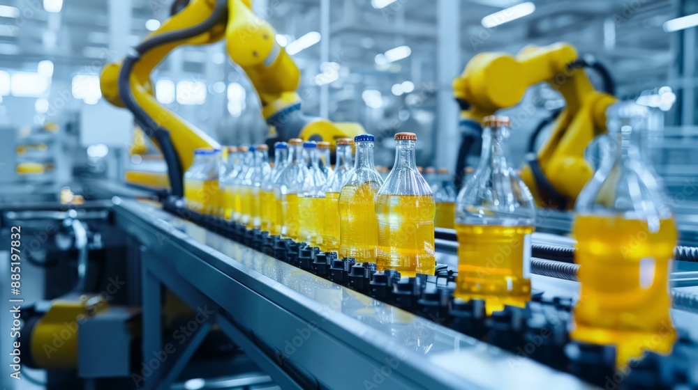 Document the efficiency of robots in a bottling plant, seamlessly filling, capping, and packaging beverages at high speed. Document the efficiency of robots in a bottling plant, seamlessly filling, capping, and packaging beverages at high speed.