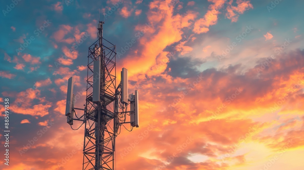 Telecommunication tower with multiple antennas against a vibrant, colorful sunset sky with scattered clouds. Telecommunication tower with multiple antennas against a vibrant, colorful sunset sky with scattered clouds.