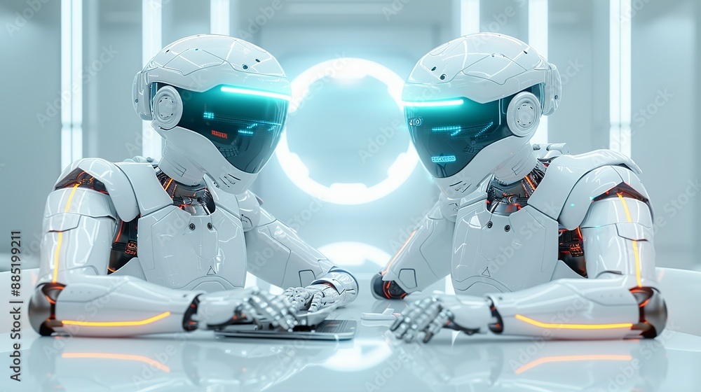 Naklejka premium Future collaboration: Robots and humans under bright, advanced technology lights. Illustration, Image, , Minimalism,