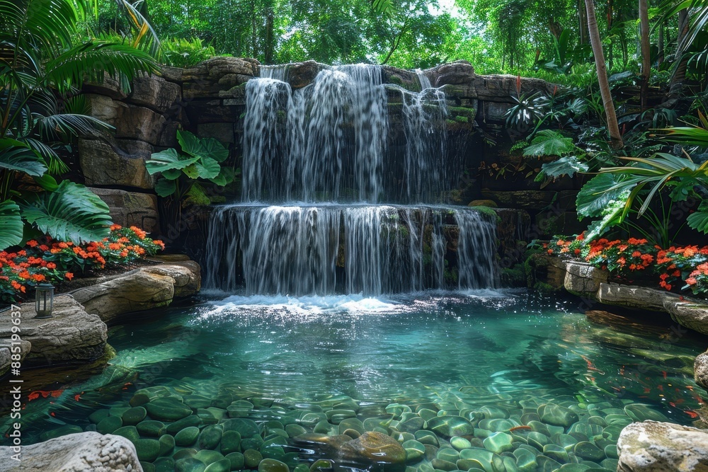 Naklejka premium An exotic jungle waterfall, cascading into a crystal-clear pool, with lush green foliage and vibrant flowers all around.
