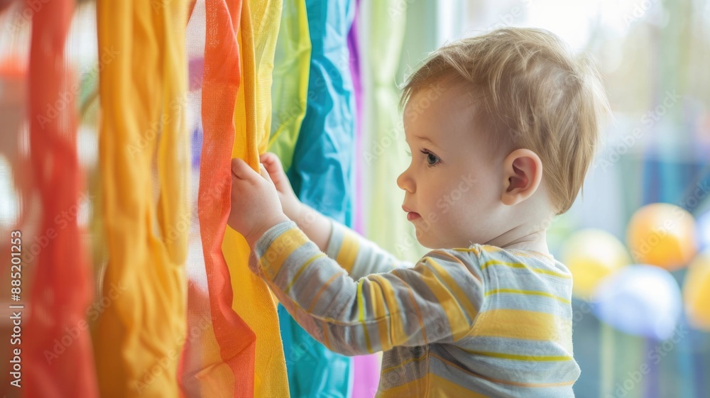 A toddler at a nursery touching sensory curtains that change color or pattern when moved, A toddler at a nursery touching sensory curtains that change color or pattern when moved,