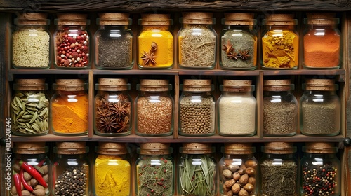 Fototapeta Naklejka Na Ścianę i Meble -  A collection of kitchen spices in jars and containers arranged on a spice rack