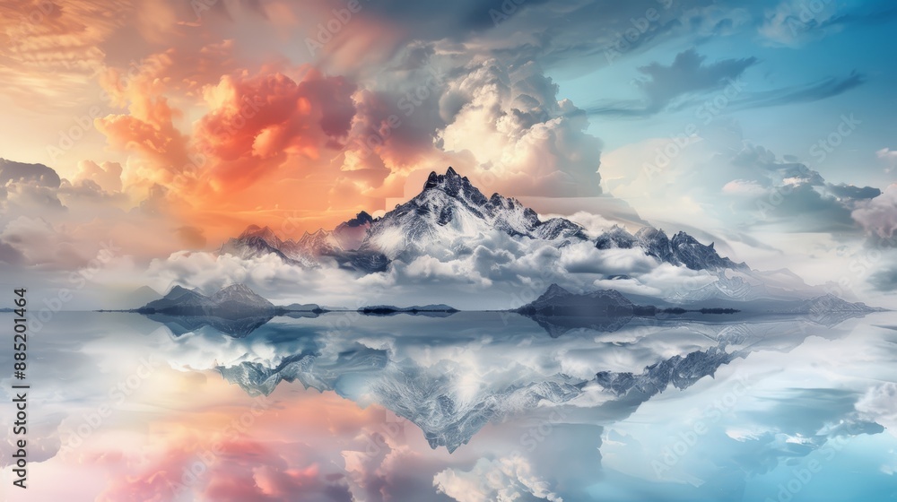 Obraz premium Breathtaking mountain peak surrounded by clouds with stunning reflections in a serene lake at sunset.