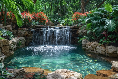 An exotic jungle waterfall, cascading into a crystal-clear pool, with lush green foliage and vibrant flowers all around.