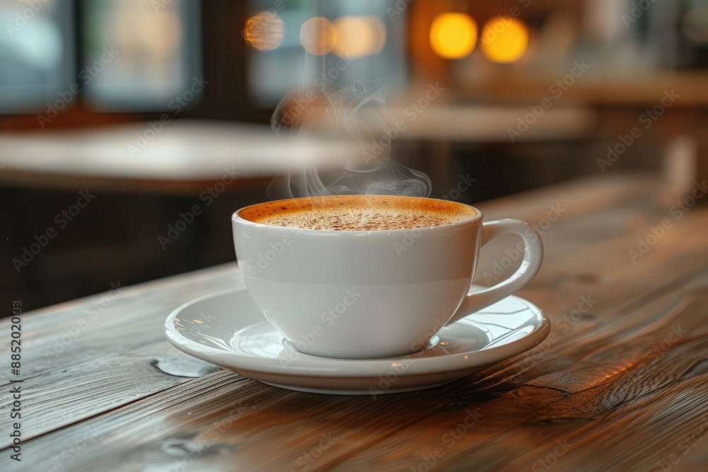Fototapeta premium Steaming Cup of Coffee on Wooden Table