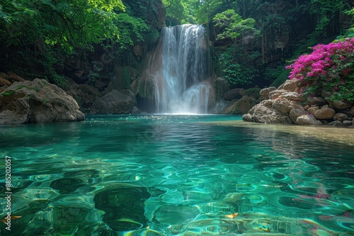 An exotic jungle waterfall, cascading into a crystal-clear pool, with lush green foliage and vibrant flowers all around.