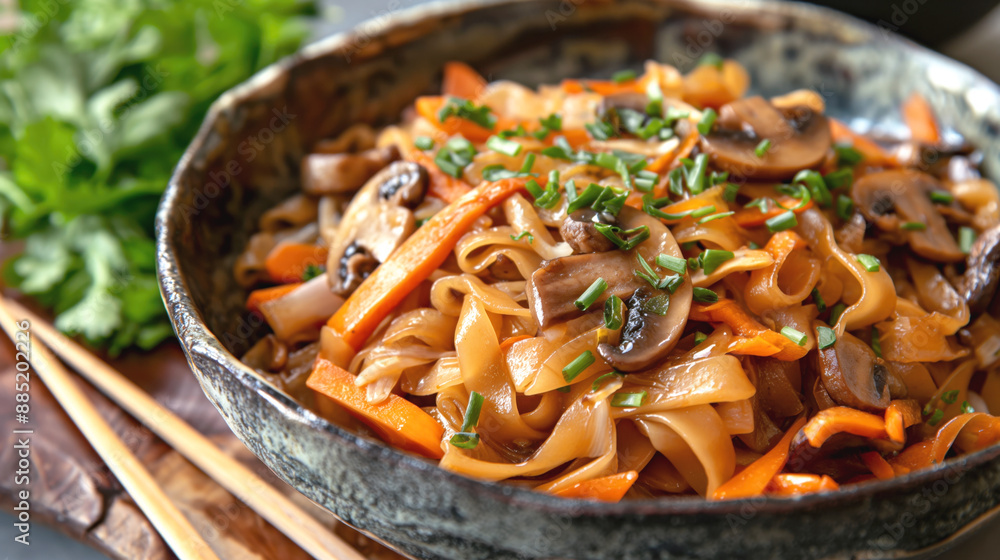 Bowl of stir-fried noodles with mushrooms, carrots, and garnished with chopped green onions, placed on a wooden surface with chopsticks and fresh greens in the background. Bowl of stir-fried noodles with mushrooms, carrots, and garnished with chopped green onions, placed on a wooden surface with chopsticks and fresh greens in the background.