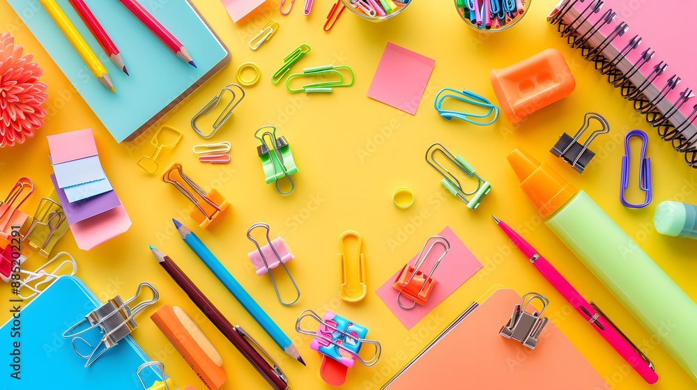 An assortment of stationery items like paper clips, sticky notes, and highlighters spread out on a desk An assortment of stationery items like paper clips, sticky notes, and highlighters spread out on a desk