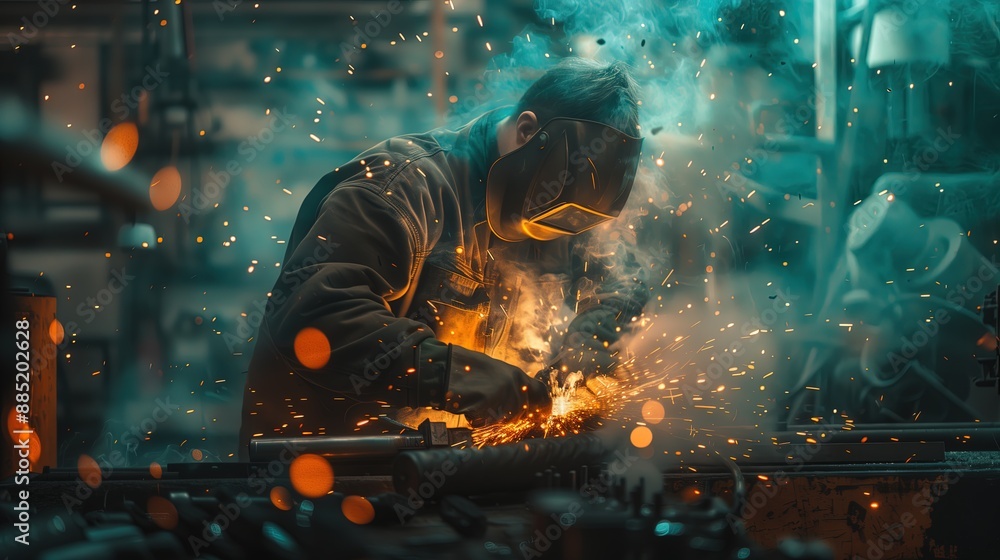 Obraz premium Welder at work with sparks and smoke in industrial setting