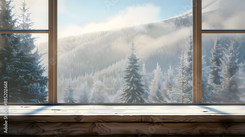 Wooden table and window with blurred mountain winter trees landscape background.  photo