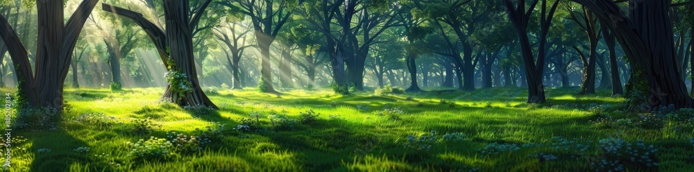 Naklejka premium Sunbeams Illuminating a Tranquil Forest Clearing