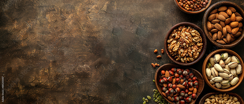 nuts and seeds background, with empty copy space, top view. healthy food in wooden bowls different nuts in different bowls nuts and seeds background, with empty copy space, top view. healthy food in wooden bowls different nuts in different bowls