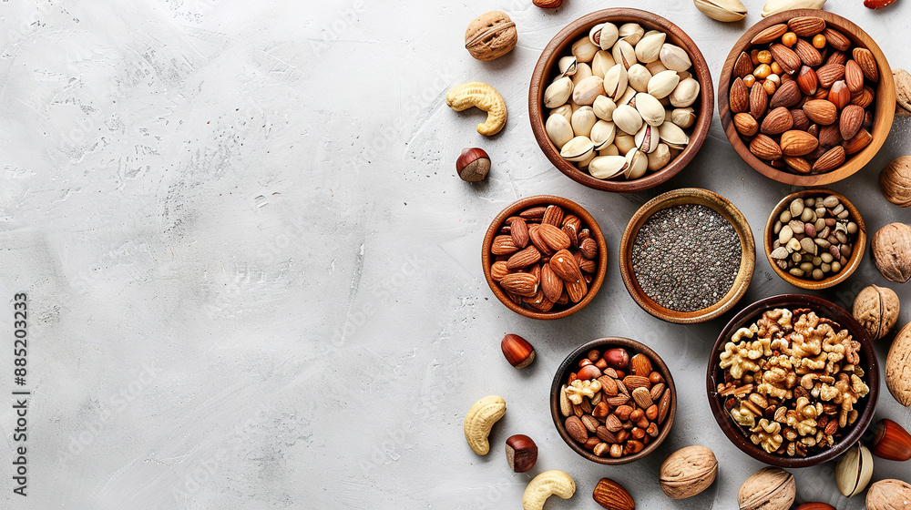nuts and seeds background, with empty copy space, top view. healthy food in wooden bowls different nuts in different bowls nuts and seeds background, with empty copy space, top view. healthy food in wooden bowls different nuts in different bowls