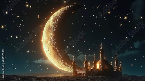 A large crescent moon above the mosque with a starry night sky background with a Ramadan theme photo