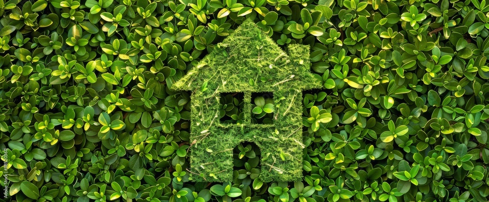 Fototapeta premium Image of a house covered in moss and leaves, symbolizing eco-friendly living and green architecture With copy space for text.