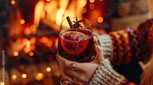 a cup of mulled wine in hands on the background of the fireplace. Selective focus photo