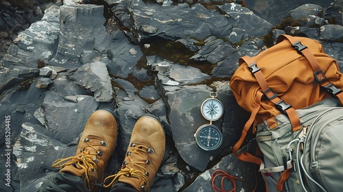 A flat lay of outdoor adventure gear such as a backpack, hiking boots, and a compass on a rocky surface