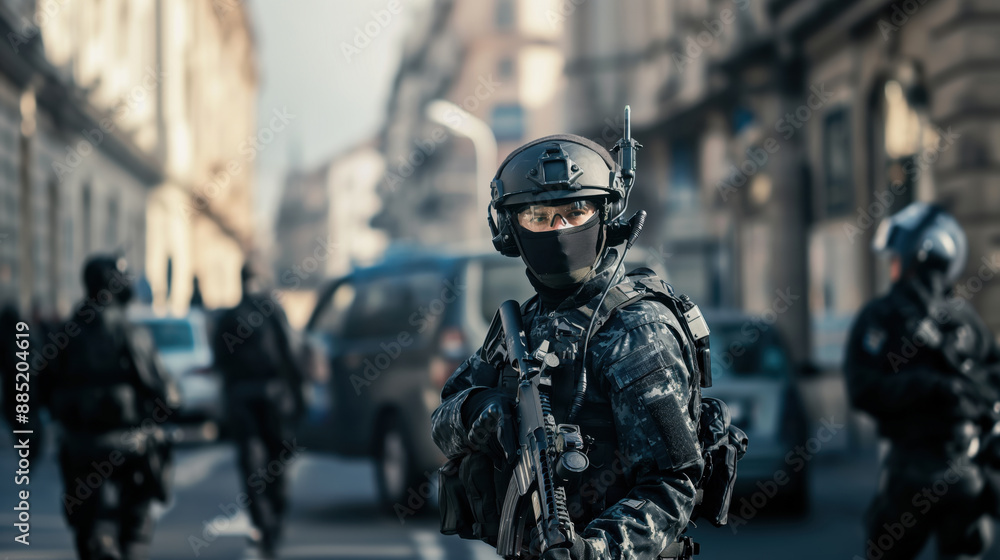 Tactical police officers in black gear and helmets in an urban environment. One officer in focus holding a firearm, with others in the background. Tactical police officers in black gear and helmets in an urban environment. One officer in focus holding a firearm, with others in the background.