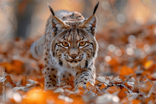An Iberian lynx prowling through a Mediterranean forest, its tufted ears and spotted fur blending with the autumn leaves.